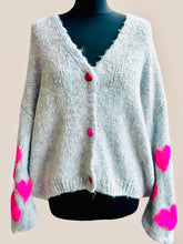 Load image into Gallery viewer, 1.  Soft Knit Hearts Cardigan-Silver Grey/Hot Pink
