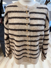 Load image into Gallery viewer, 1.                      Heart Buttons Striped Fluffy Knit Cardigan-Latte/Chocolate Stripe
