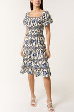 Load image into Gallery viewer, 1.   Damask Print Puff Sleeve Midi Dress-Blue/Ecru
