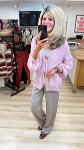 1.  Chunky Super Soft Knit Gold Brooch Cardigan-Pink