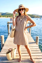 Load image into Gallery viewer, 1.  Striped Frill Neck Dress-White/Brown
