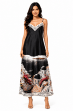 Load image into Gallery viewer, 1.        Landscape Print Santorini Satin Maxi-Black
