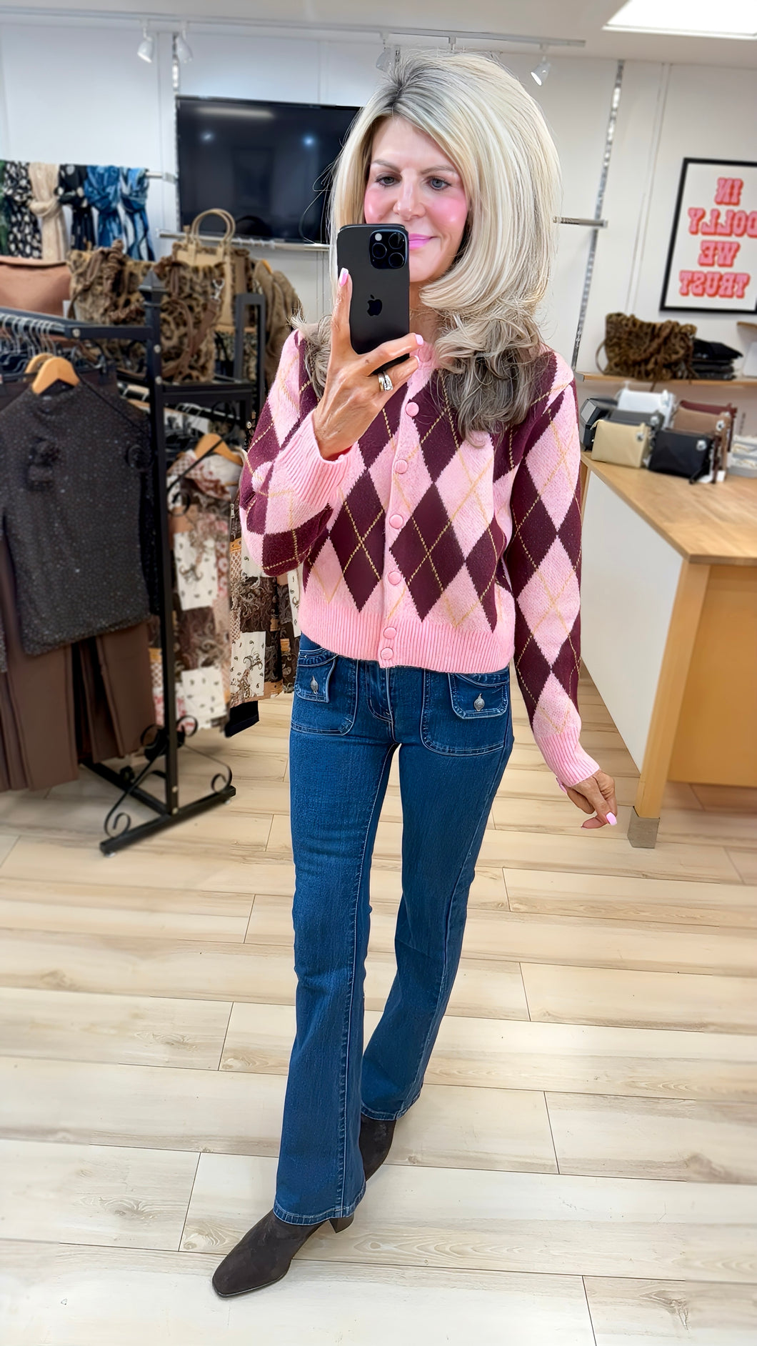 1.  Argyle Knit Cardigan-Pink/Wine