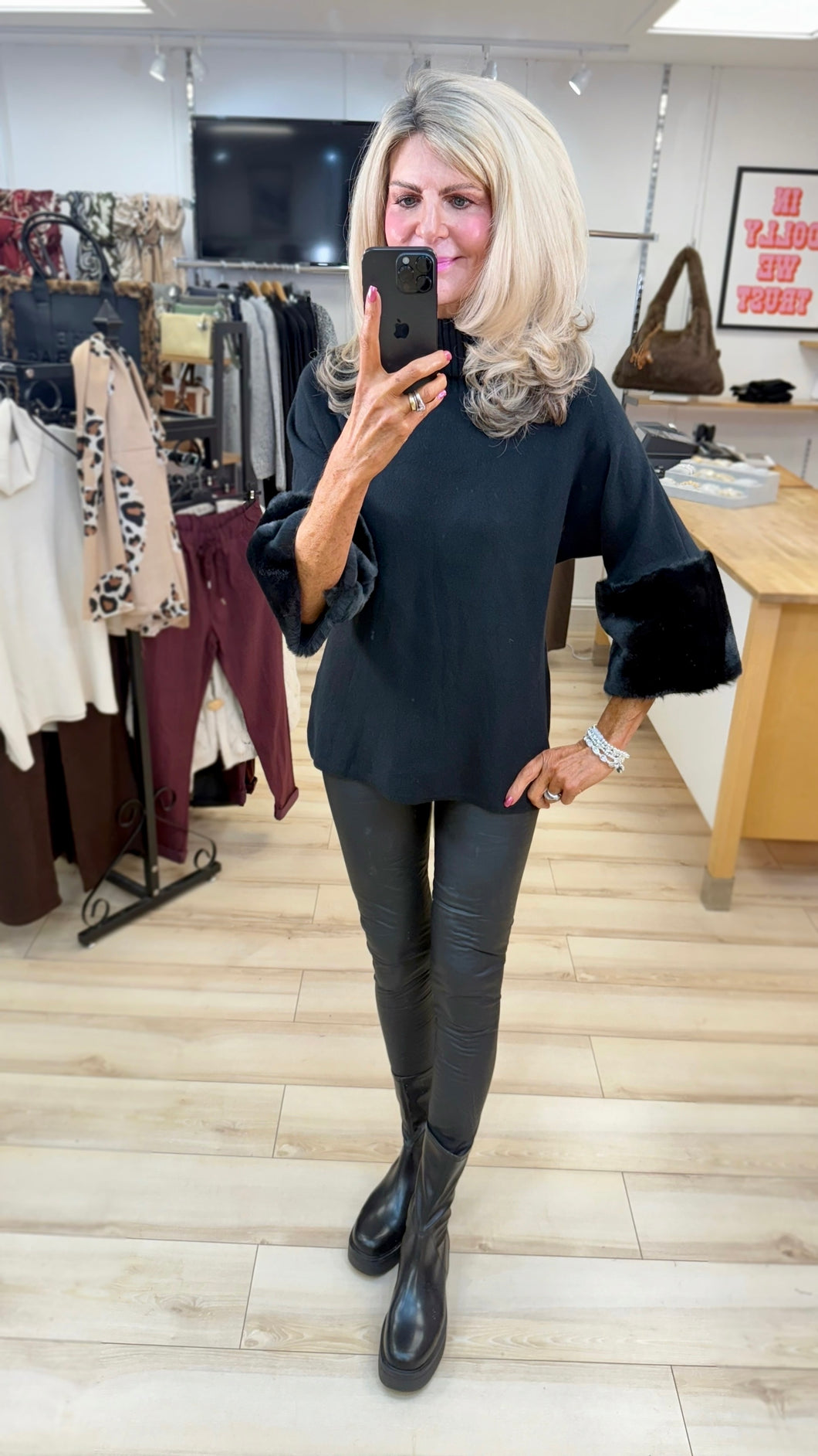 1.             Faux Fur Cuff Soft Knit Polo-Black