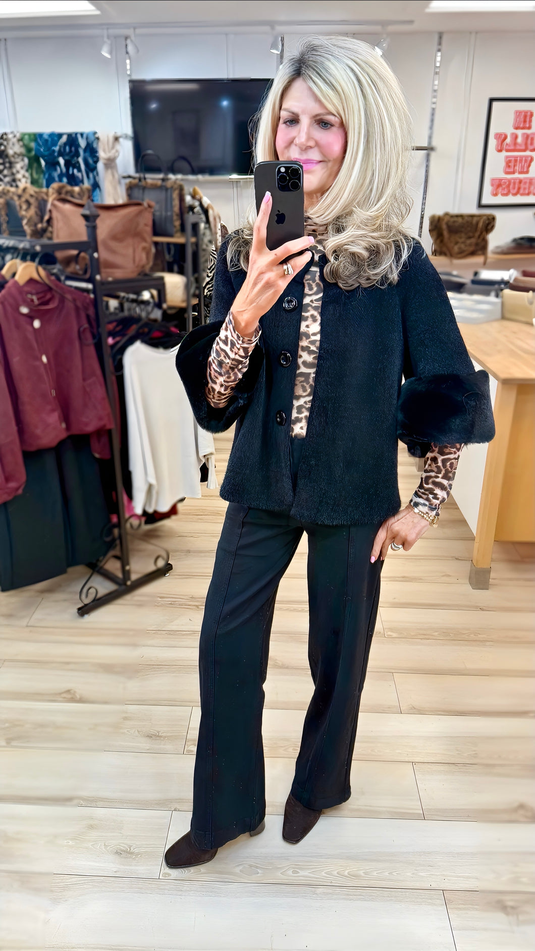 1.  Chenille Fur Trim Jacket-Black