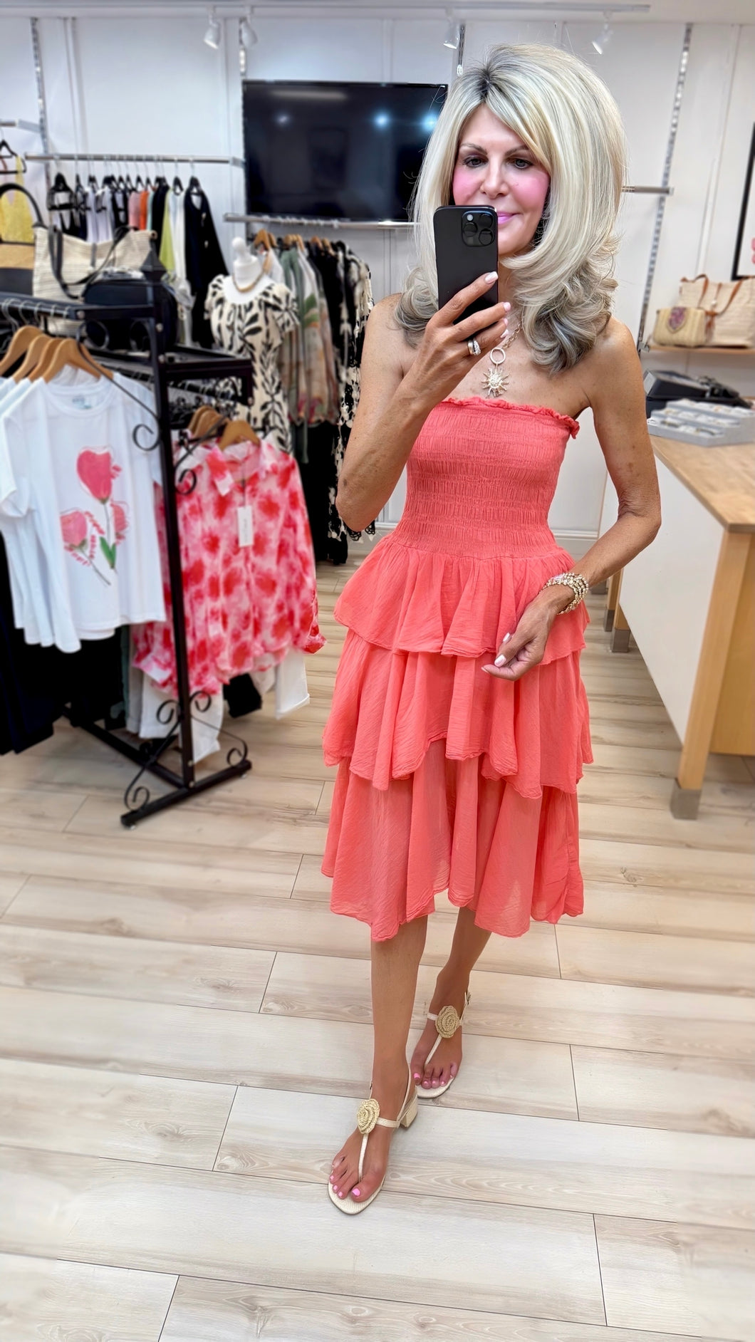 1.Ra-Ra Bandeau Midi Dress-Coral