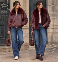 Load image into Gallery viewer, 1. Faux Leather Fur Trim Bomber Jacket-Burgundy
