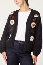 Load image into Gallery viewer, 1.                         Embroidered Flowers Chunky Knit Cardigan-Black

