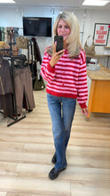 Load image into Gallery viewer, 1.                   Striped Fluffy Knit Cardigan-Red/Pink
