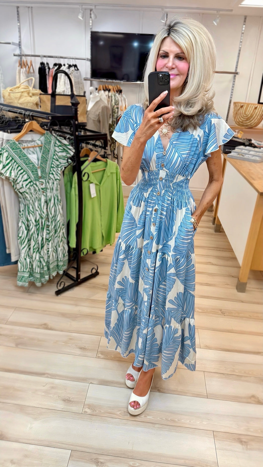 1.Rio V-Neck Pocket Maxi Dress-Blue/Ecru
