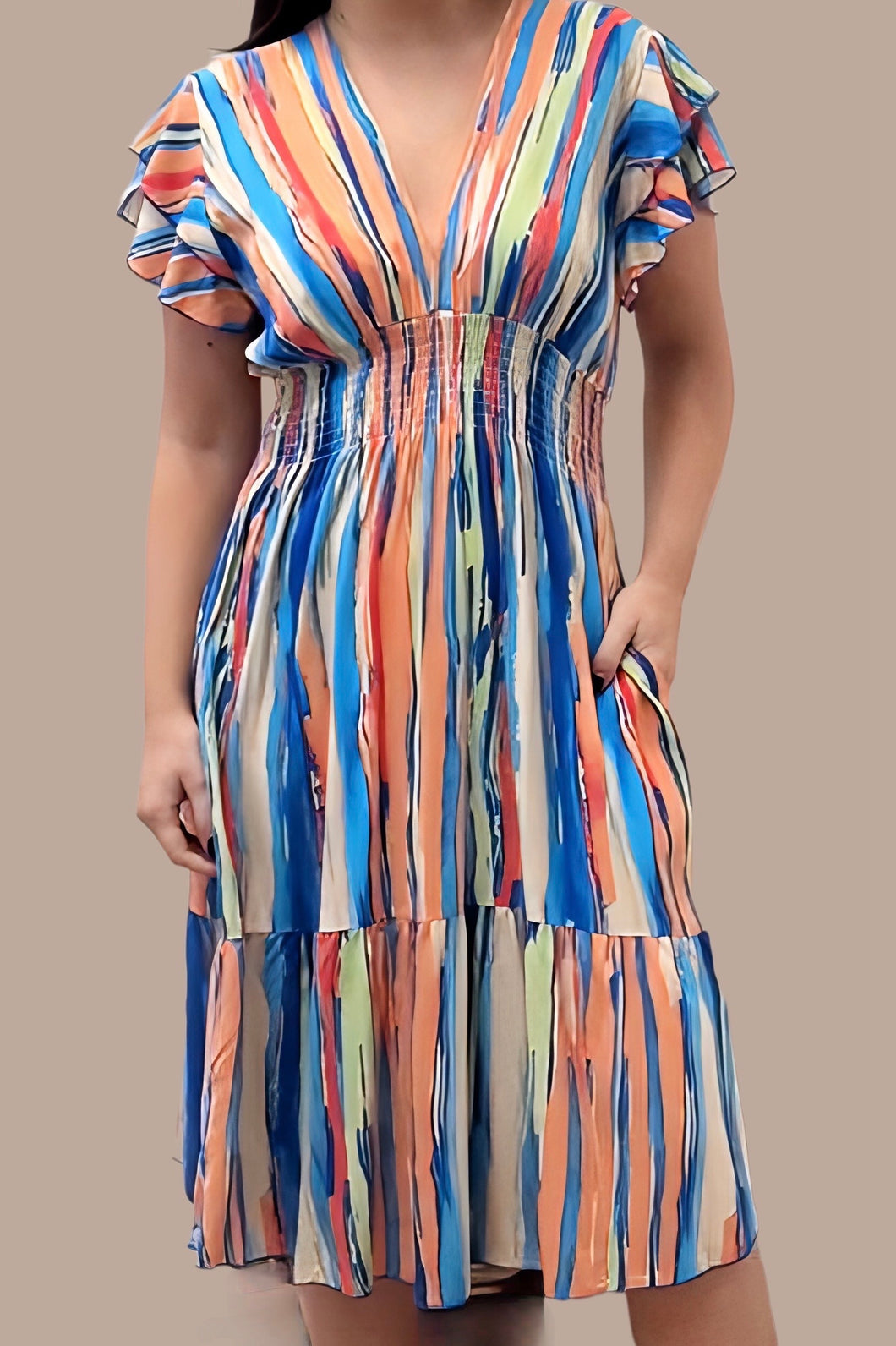 1.  Martha Midi Dress-Blue/Peach/Green Multi