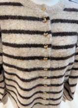 Load image into Gallery viewer, 1.                      Heart Buttons Striped Fluffy Knit Cardigan-Latte/Chocolate Stripe
