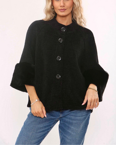 1.  Chenille Fur Trim Jacket-Black