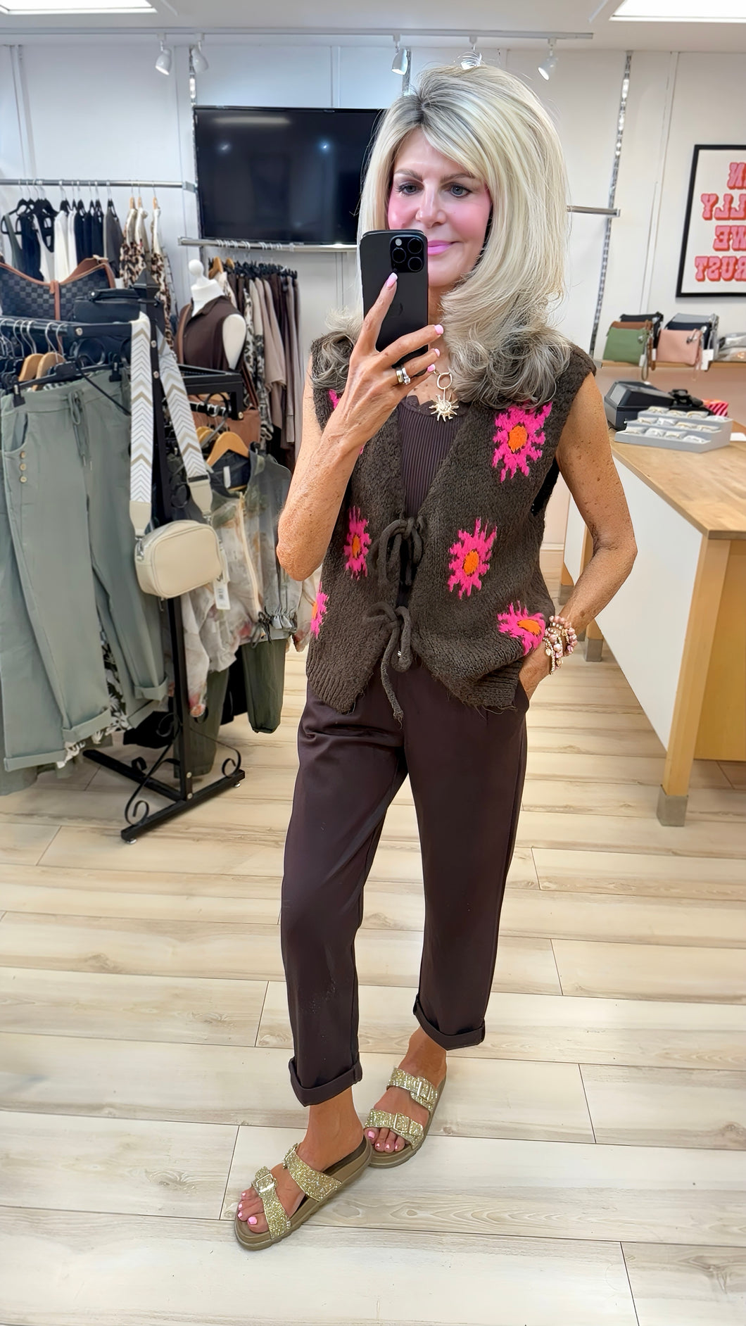 1.             Chunky Knit Front Tie Waistcoat-Chocolate/Hot Pink