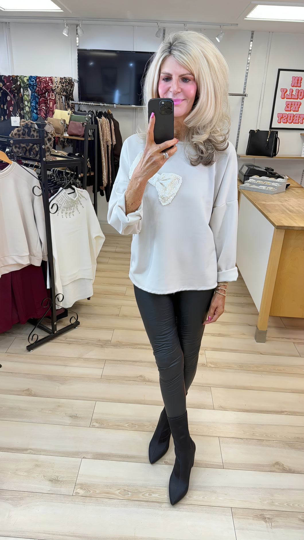 1.    Sequin Bow Sweatshirt-Beige