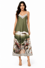 Load image into Gallery viewer, 1.        Landscape Print Santorini Satin Maxi-Khaki
