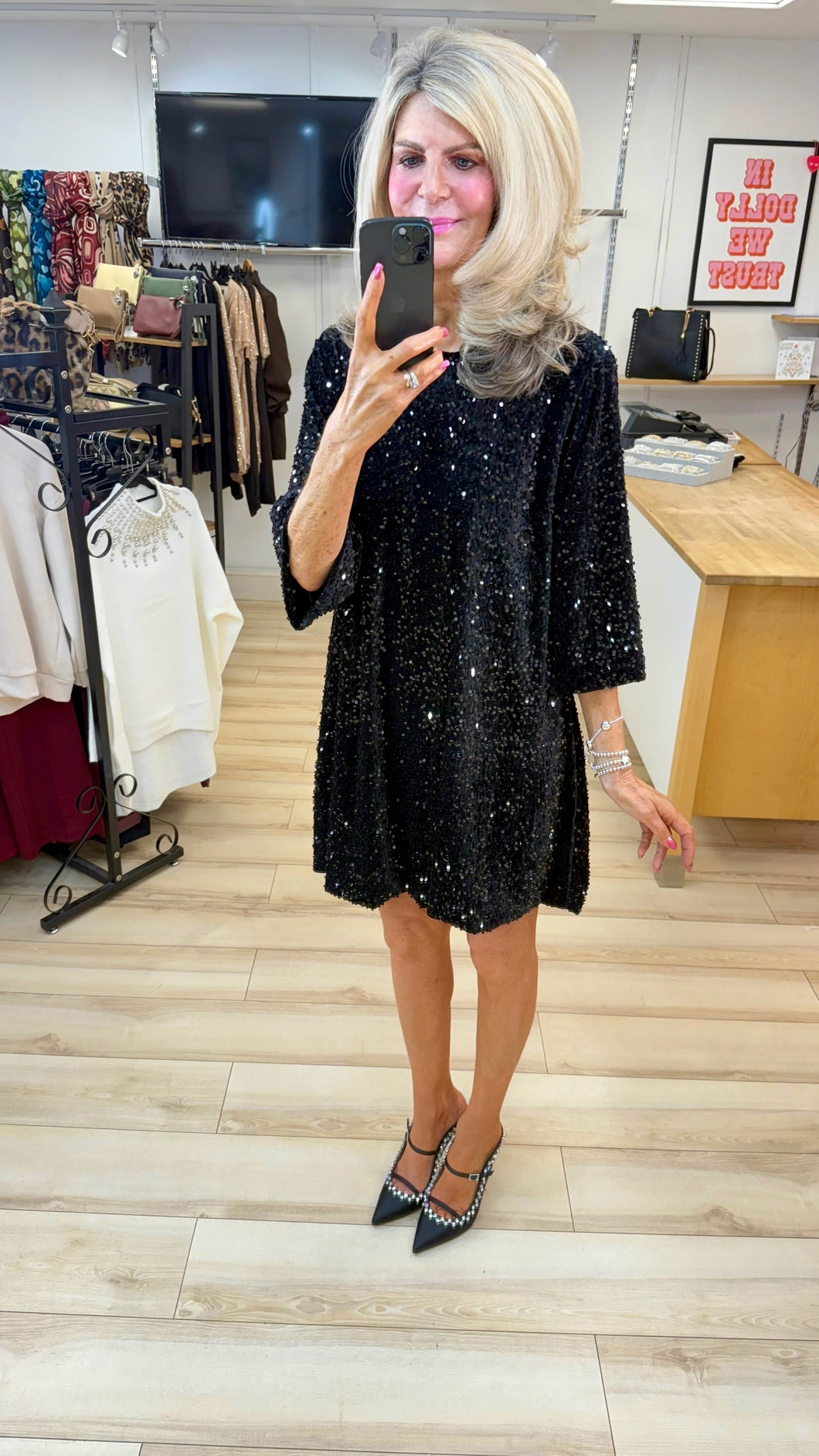 1.   Bow Back Sequin Swing Dress-Black
