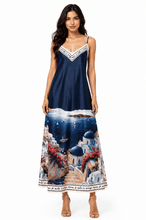 Load image into Gallery viewer, 1.        Landscape Print Santorini Satin Maxi-Navy
