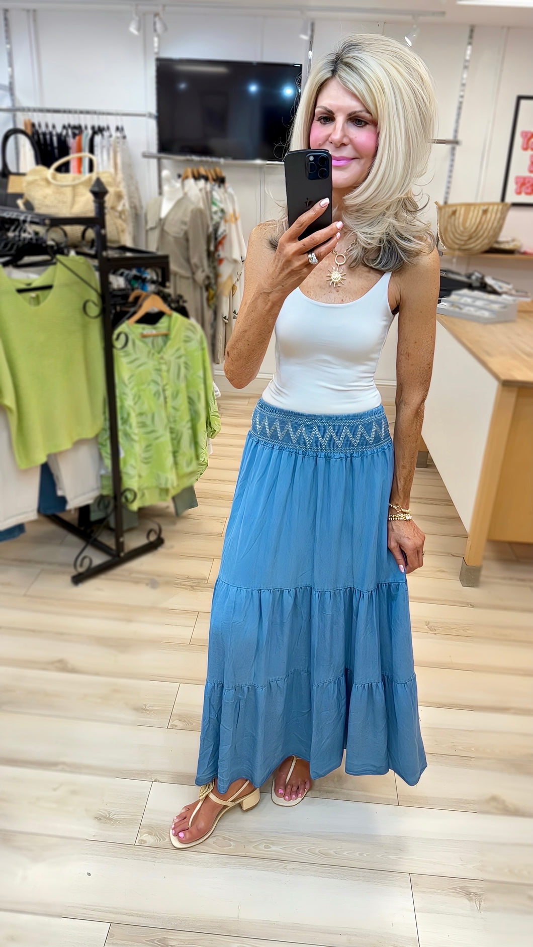 1.           Tiered Maxi Skirt-Light Denim