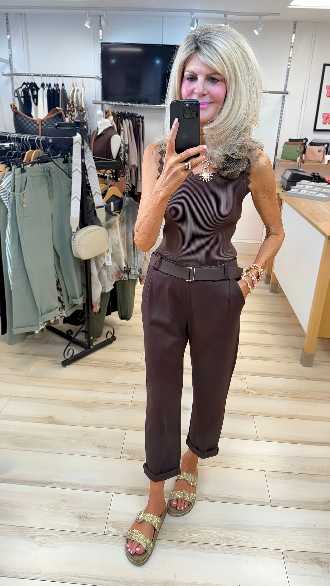 1.             Jersey Canvas Belt Trousers-Chocolate