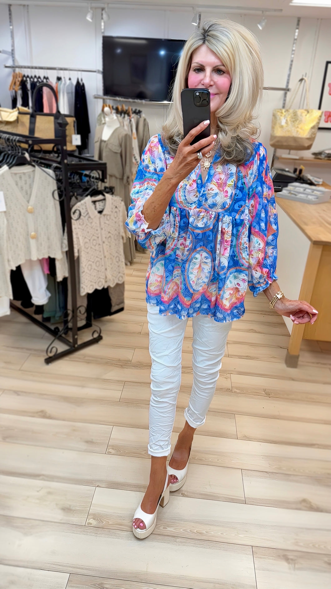 1.   Lace Smock Blouse-Royal Blue/Multi