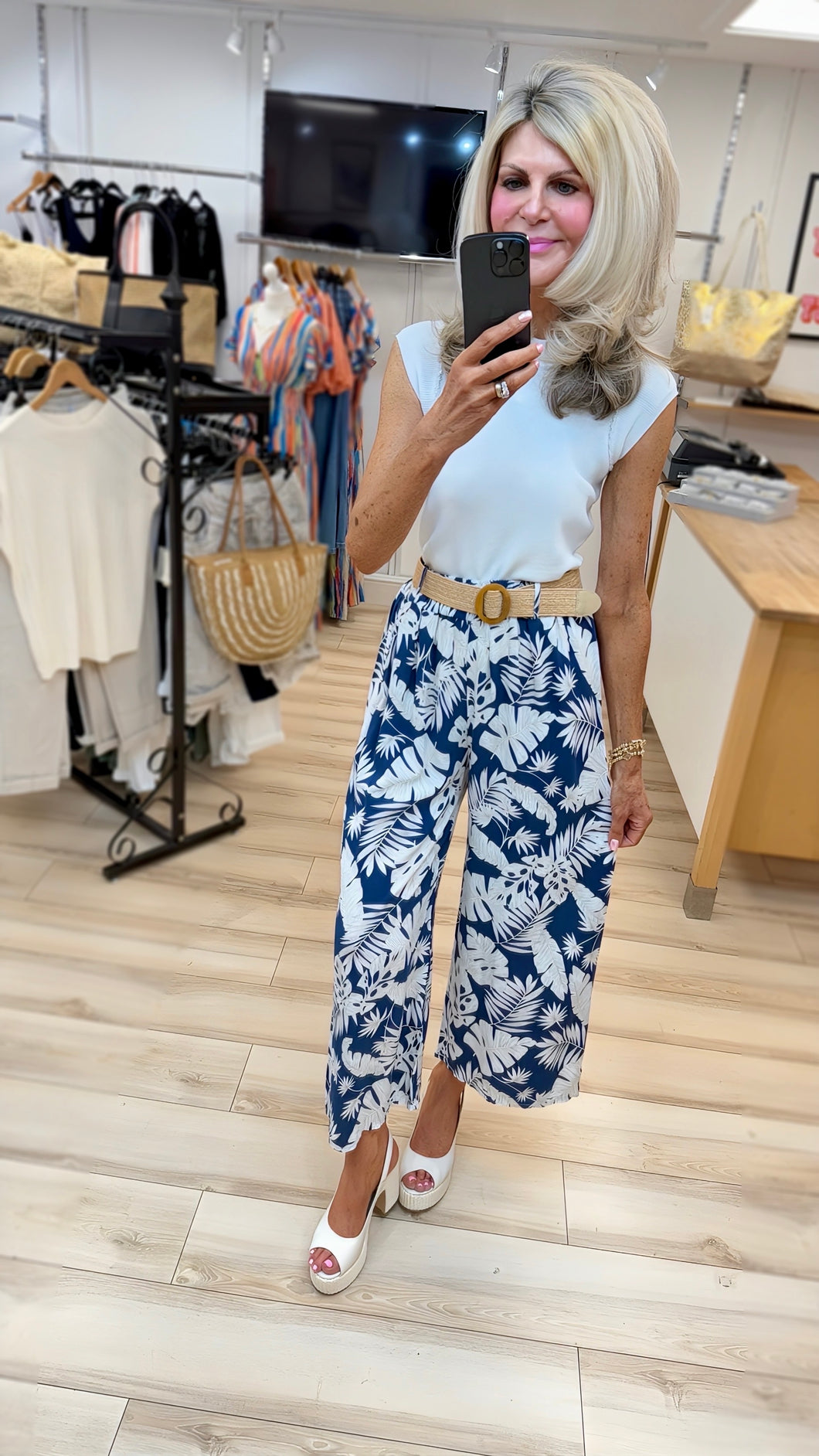 1.  Leaf Print Trousers-Blue/White