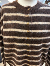 Load image into Gallery viewer, 1.                      Heart Buttons Striped Fluffy Knit Cardigan-Chocolate/Beige Stripe
