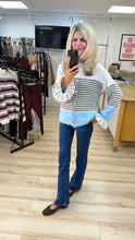 Load image into Gallery viewer, 1.              Striped Frill Cuff Fluffy Knit Cardigan-Oat/Baby Blue
