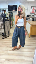 Load image into Gallery viewer, 1.                   Barrel Leg Belted Pinstripe Denim Trousers
