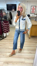Load image into Gallery viewer, 1.                    Denim Trim Knit Jacket-Denim/Ecru
