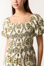 Load image into Gallery viewer, 1.   Damask Print Puff Sleeve Midi Dress-Khaki/Ecru
