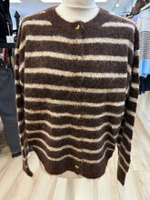 Load image into Gallery viewer, 1.                      Heart Buttons Striped Fluffy Knit Cardigan-Chocolate/Beige Stripe
