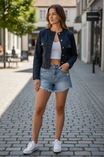 Load image into Gallery viewer, 1.      Stretch Gold Button Denim Jacket-Navy
