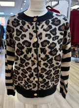 Load image into Gallery viewer, 1.           Gold Button Front Animal Knit Cardigan-Black/Chocolate/Latte
