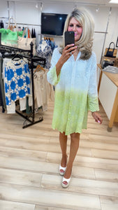 1. Ombré Embroidered Shirt Dress-White/Lime
