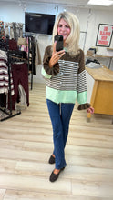 Load image into Gallery viewer, 1.              Striped Frill Cuff Fluffy Knit Cardigan-Chocolate/Mint
