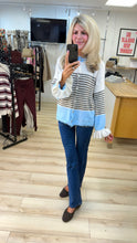 Load image into Gallery viewer, 1.              Striped Frill Cuff Fluffy Knit Cardigan-Oat/Baby Blue
