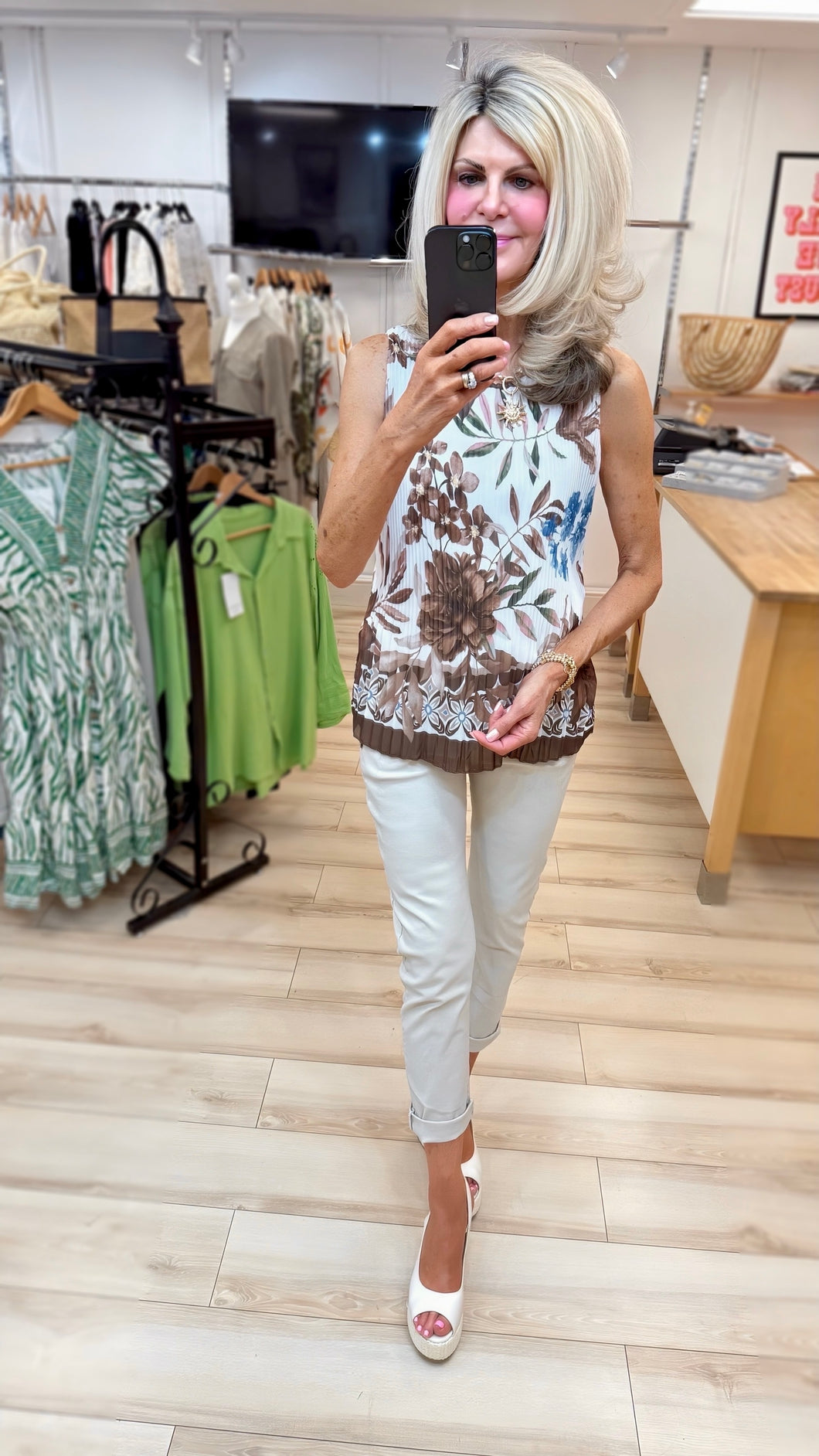 1.          Floral Pleated Sleeveless Top