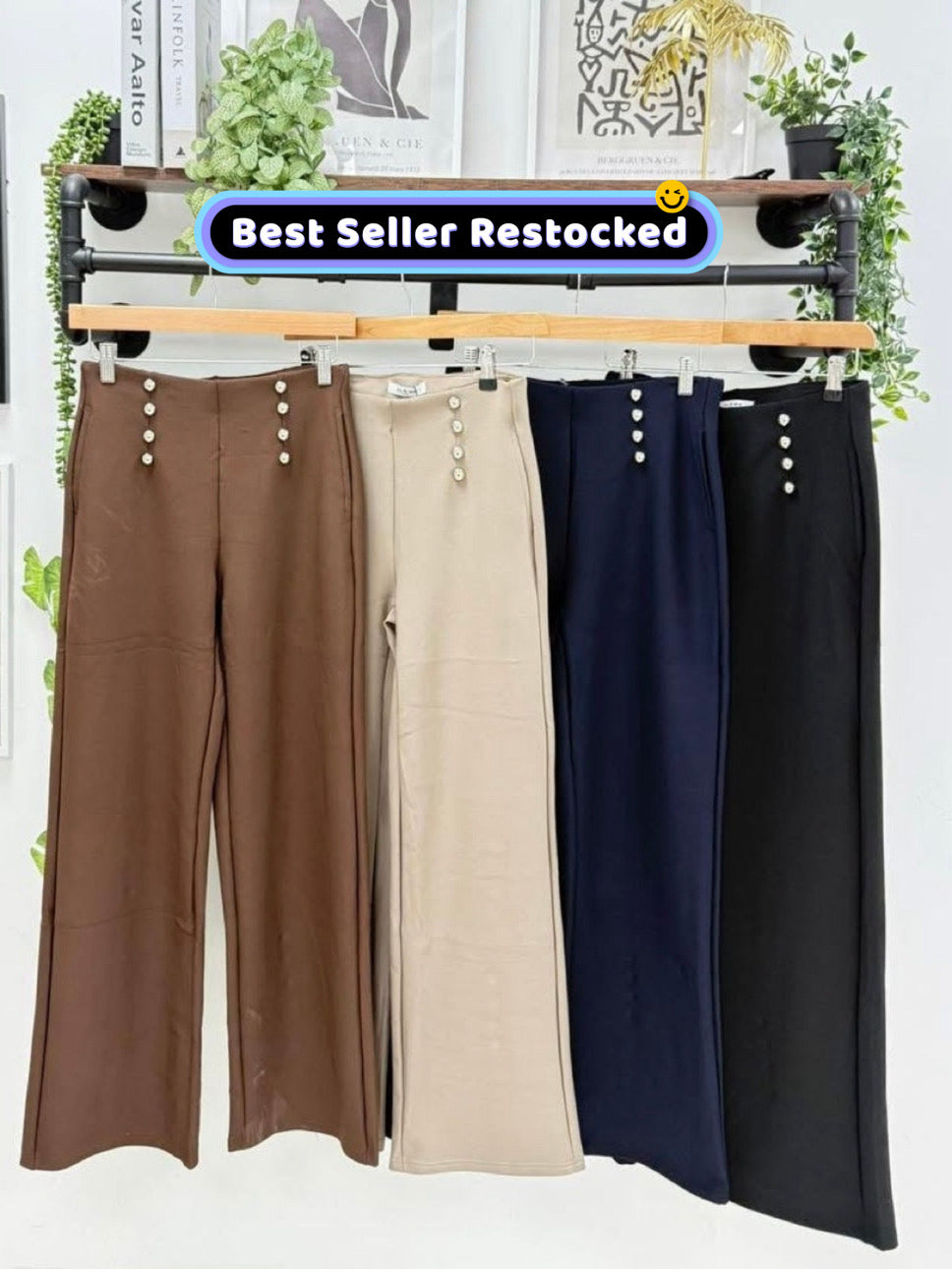 1.  High Waist Silver Button Scuba Trousers-Black