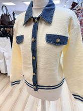 Load image into Gallery viewer, 1.                    Denim Trim Knit Jacket-Denim/Ecru
