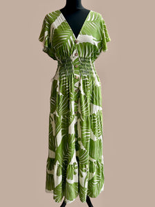 1.Aubrey V-Neck Pocket Maxi Dress-Green/Ecru
