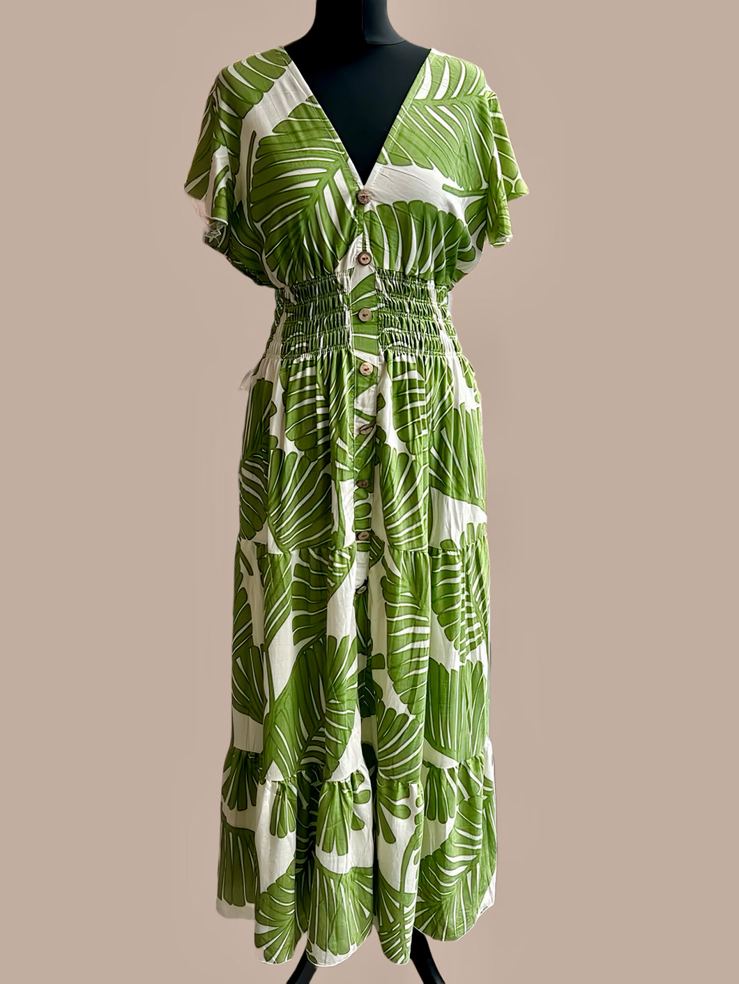 1.Aubrey V-Neck Pocket Maxi Dress-Green/Ecru