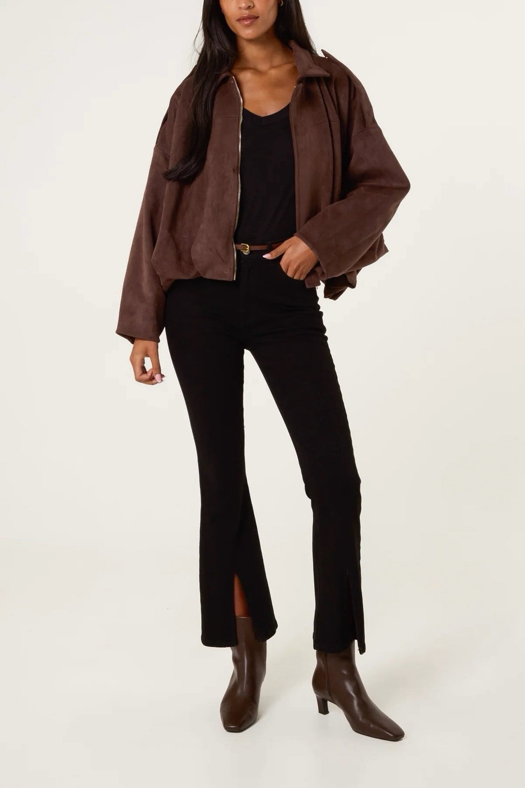 1.Faux Suede Bomber Jacket-Chocolate