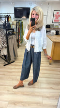 Load image into Gallery viewer, 1.Barrel Leg Belted Pinstripe Denim Trousers
