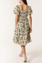 Load image into Gallery viewer, 1.   Damask Print Puff Sleeve Midi Dress-Khaki/Ecru
