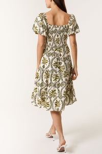 1.   Damask Print Puff Sleeve Midi Dress-Khaki/Ecru