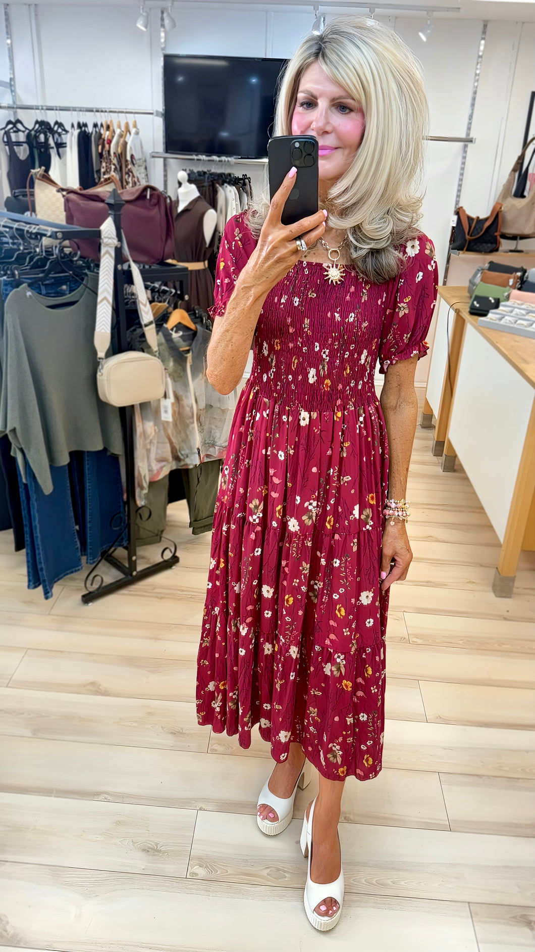 1.              Shirred Bodice Floral Midaxi Dress-Wine