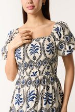Load image into Gallery viewer, 1.   Damask Print Puff Sleeve Midi Dress-Blue/Ecru
