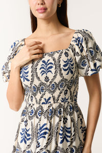 1.   Damask Print Puff Sleeve Midi Dress-Blue/Ecru
