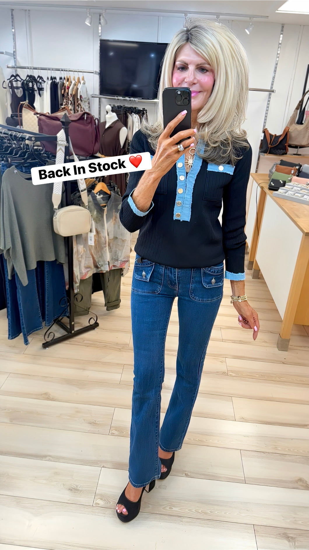 1.             Denim Trim Ribbed Knit Top-Black